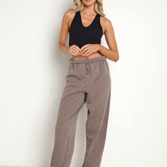 Joah Brown Cotton Oversized High Rise Slouchy Taupe Lounge Jogger Pants M/L - Picture 2 of 8